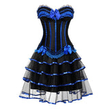 Women Sexy Striped Corset Dress Satin Bow Lace Waist Cincher Corset Bustier Lingerie Top With Mesh Mini Tutu Skirt Set Plus Size