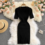 Polo Neck Solid Color Casual Ribbed Knitted Dress Woman Short Sleeve Sexy Mini Bodycon Dress