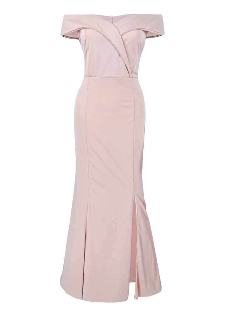 New One Word Shoulder V Neck Evening Dress Side-Slit Party Mermaid Floor Length Robe Prom Dress