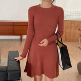 Autumn Winter Slim Knit Sweater A-line Dress Elegant Fashion O-Neck Long-Sleeved Knitted Bottoming Mini Dress Female