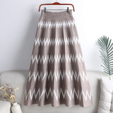 Elegant A Line Women Winter Casual Striped Knitted Skirts Elastic High Waist Casual Midi Long Skirt