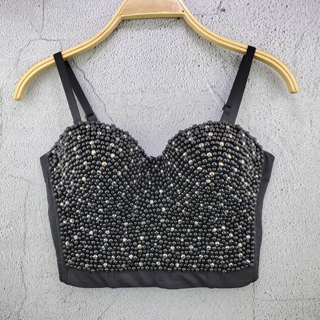 Beading Rhinestone Push Up Bustier Sexy Camis Corset Tops Built in Bra To Wear Out Performance Crop Top