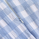 2021 White and Blue Plaid V-Neck Short Sleeve Women Summer Elegant Dress Vintage A-Line High Waist Midi Dresses with Belt