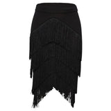 Asymmetrical Latin Dance Women Stretchy Bodycon Tassel Fringe Black Dancewear Ballroom Tango Skirt