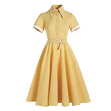 2021 Solid Turn-Down Collar Buttons Yellow Vintage 50s Plaid Midi Shirt Dresses for Women Elegant Summer Belted Retro Clothes