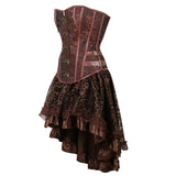 Steampunk Floral Corset Dress Women Gothic PU Leather Corset Bustier With Burlesque Skirt Set Halloween Pirate Costume Brown