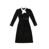 Autumn Women Elegant Midi Dress A-Line Bow Collar Long Sleeve Pearl Buttons Casual Party Dress