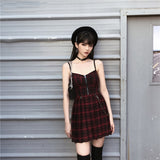 Harajuku Pleated Punk Gothic Mini Dress French Red Black Spaghetti Strap Sleeveless Mini Short Plaid Dresses Goth Streetwear