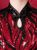 Fashion Sequins Embroidered Evening Dress Side-Slit Formal Occasion Women Black Red Long-Sleeve Tea-Length China Cheongsam