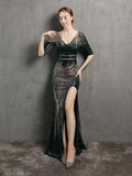 New Women See-through Green Sequin Evening Dress Long Slit Party Dress