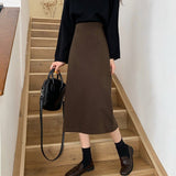 Women High Waist Long Korean Style Solid Color All-match Straight Ladies Elegant Casual Skirt