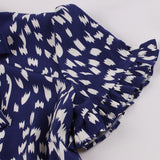 Short Sleeve Bow Neck Button Belt Blue Print Elegant Pleated Dress Party Streetwear
