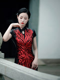 Fashion Sequins Embroidered Evening Dress Side-Slit Formal Occasion Women Black Red Short-Sleeve Tea-Length China Cheongsam