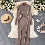 Woman Casual Solid Turtleneck Sweater Dress Bodycon Long Sleeve Midi Elegant Autumn Winter Dress