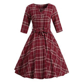 Burgundy Plaid V-Neck High Waist Pinup Vintage Autumn Three Quarter Sleeve A-Line Party Women Dress with Belt