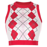 2021 School Y2K Sweaters Plaid Patched Knitwear Sleeveless V Neck Knitted Tank Top Preppy Style Pullovvers Crop Top Autumn Women