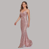 Sexy Sequins Evening Dresses V Neck Sleeveless Mermaid Women Occation Formal Party Gowns Spaghetti Strap Vestidos