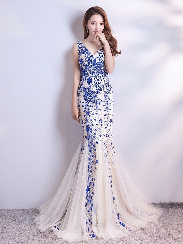 Sleveless Evening Elegant Mermaid Formal Dress Tull Sequind Prom Gown Lace Long Party Dress
