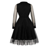 Black Elegant Dotted Mesh Overlay Sheer Long Sleeve Women Autumn High Waist Vintage Midi Party Dress