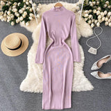 Woman Casual Solid Turtleneck Sweater Dress Bodycon Long Sleeve Midi Elegant Autumn Winter Dress