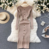 Women Elegant Long Sleeve Ribbed Sweater Dress With Belt Button Front Slit Sexy Knitted Bodycon Midi Dress