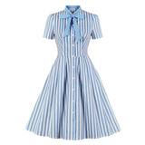 Bow Tie Neck Green Striped Vintage Robe Button Up Elegant Lady Cotton Plus Size Retro Dress