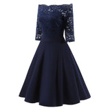 1950s Vintage Navy Blue Lace Sleeve Off Shoulder Women Elegant Evening Party Dress