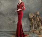 Burgundry V-neck Appliques Beaded Long Sleeve Evening Dress See through Elegant Evening Party Dress