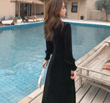 Long Sleeve Black Velvet Dress Women Party 2021 Autumn Vintage Midi Dress Office Lady Elegant One Piece Dress Korean Fashion