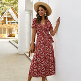 Ladies Vintage Long Floral Print Summer Beach V Neck Short Sleeve Casual Slim Sundress