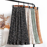 High Waist Floral Print Mid Calf Long Pleated Women Summer Vintage Elegant Chiffon Midi Skirt