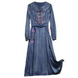 Spring Women Denim Vintage Embroidery Long High Waist Belt A-Line Dress Pocket Streetwear