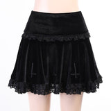 2021 Black Gothic Skirts Womens Double Layer Lace Up E Girl Mini A-Line Skirt Dark Academia Aesthetic Vintage Streetwear