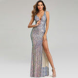 Slit Sexy Sequins Evening Dress Womens V-neck Backless Beading Long Party Dress