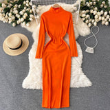 Woman Casual Solid Turtleneck Sweater Dress Bodycon Long Sleeve Midi Elegant Autumn Winter Dress