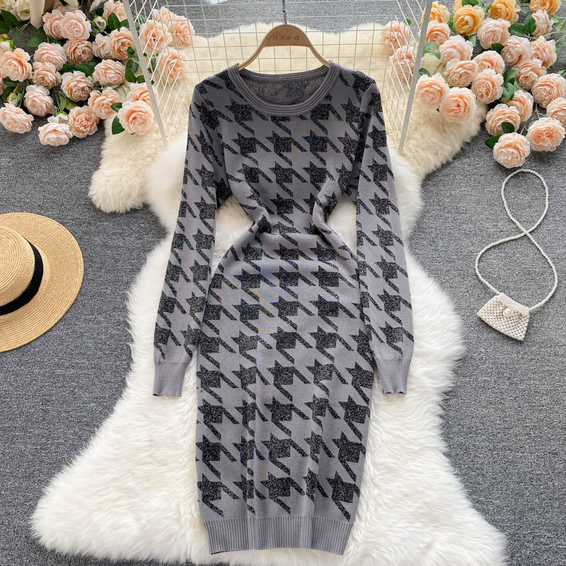 Long Sleeve Knitted Sweater Dress Winter Round Neck Houndstooth Elegant Slim Casual Midi Dress