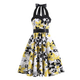 High Waist Floral Print Women 50s Style Pinup Vintage Party Halter Backless Lace Up Back Slim Dress