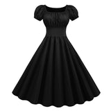 Square Neck Elegant High Waist Ruched Vintage Pleated Dress Women Short Sleeve Summer Solid Color Casual Dresses