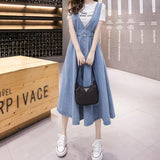 Denim Women Strap Long High Waisted Vintage Loose Pleated Blue Club Streetwear Cotton Harajuku Jean Skirt