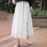 Long Boho Vintage Lace Pleated Korean Summer Solid White A-Line Maxi Skirt