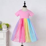 Rainbow Princess Sundress Short Sleeve Party Beach Costume Toddler Kids Dress For Baby Girls