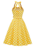 Polka Dot Yellow 1950s Vintage Pinup Belt Pleated Dresses for Women Halter Neck Corset Evening Party Cotton Dress