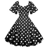 Womens Hepburn Tunic Midi Dress 50s Short Sleeve V-Neck Ladies Polka Dot Robe Femme Vestidos Boho Beach Holiday Swing Dresses