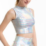 2 Pcs/Set Sexy Shiny Holographic Turtleneck Sleeveless Tank Top Metallic Wet Look A-line Mini Skirt