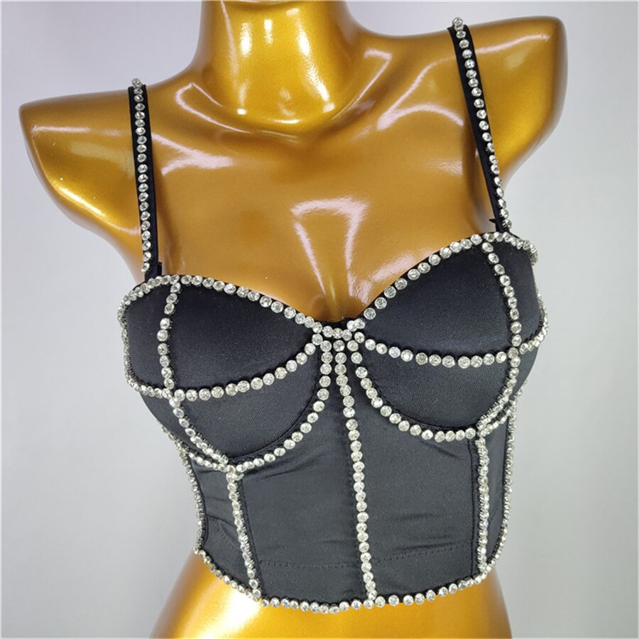 Autumn Sexy Shine Rhinestone Crop Top Stage Women Top With Cups Push Up Chest Female Corset Camis Clothes
