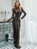 Full-sleeve Tulle Sequins Formal Evening Dress Floor-length Mermaid High-neck Gowns Elegant Black Gold Vestidos