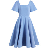 Elegant Blue Tunic Midi Summer Women Dress Office A Line Sundress Casual Elegant Retro Vintage 50s 60s Rockabilly Party Dresses