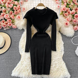 Bodycon Women Clothing Elegant Cape Collar Ribbed Knitted Dress Autumn Winter Warm Mini Casual Long Sleeve Dress