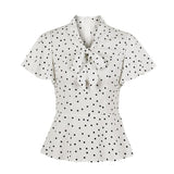 Bohemian Bow Tie Neck White Tops Women Polka Dot Vintage Blouse Ruffle Short Sleeve 2021 Summer Elegant Ladies Blouses 50s Style