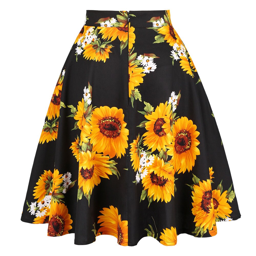 White Sunflower Cotton Casual Midi Skirt Plus Size 50s High Waist Retro Vintage Women's Swing Pinup Skirts Beach Boho Sundress